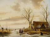 A Winter Landscape with Skaters on a Frozen River by Andreas Schelfhout
